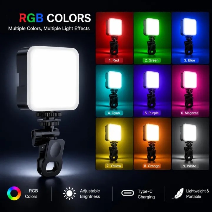 Influencer Lighting | Multicolor RGB 64 LED Rechargeable Selfie Light - Phone Ring Light Mini Portable Clip on Fill Lights for iPhone, Cell Phone, Laptop, TikTok, Selfie, Video Conference, Camera