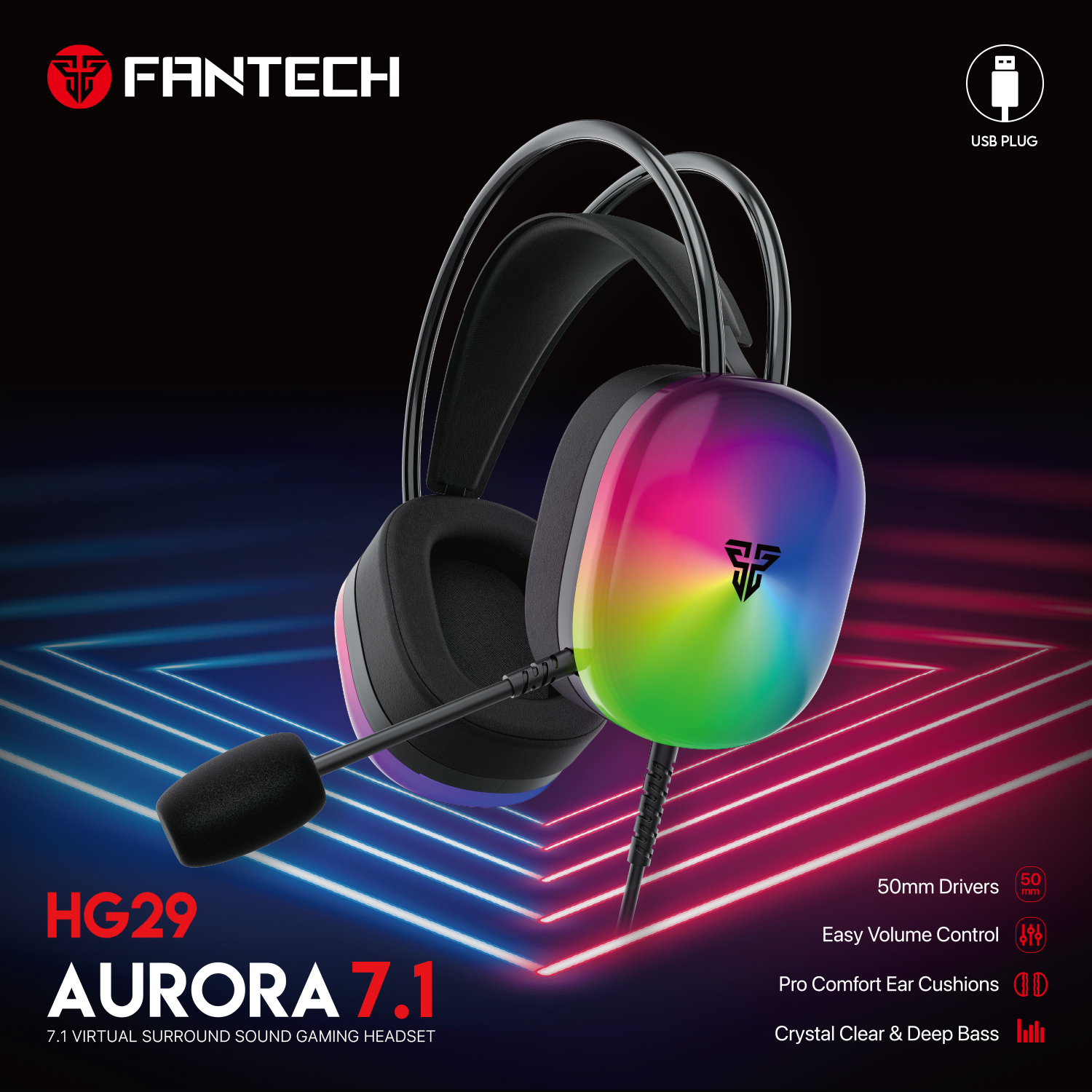 Fantech Aurora HG29 7.1 Virtual Surround Sound USB Gaming Headset RGB Lightning