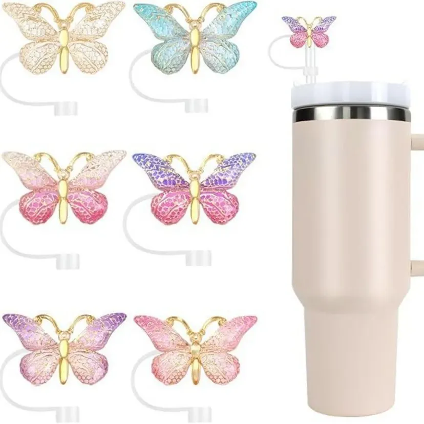 4/6PCS Cute Resin Butterfly Straw Covers Reusable Glitter Bling Straw Toppers Protective Function Straws Caps Protectors Water Bottle Use