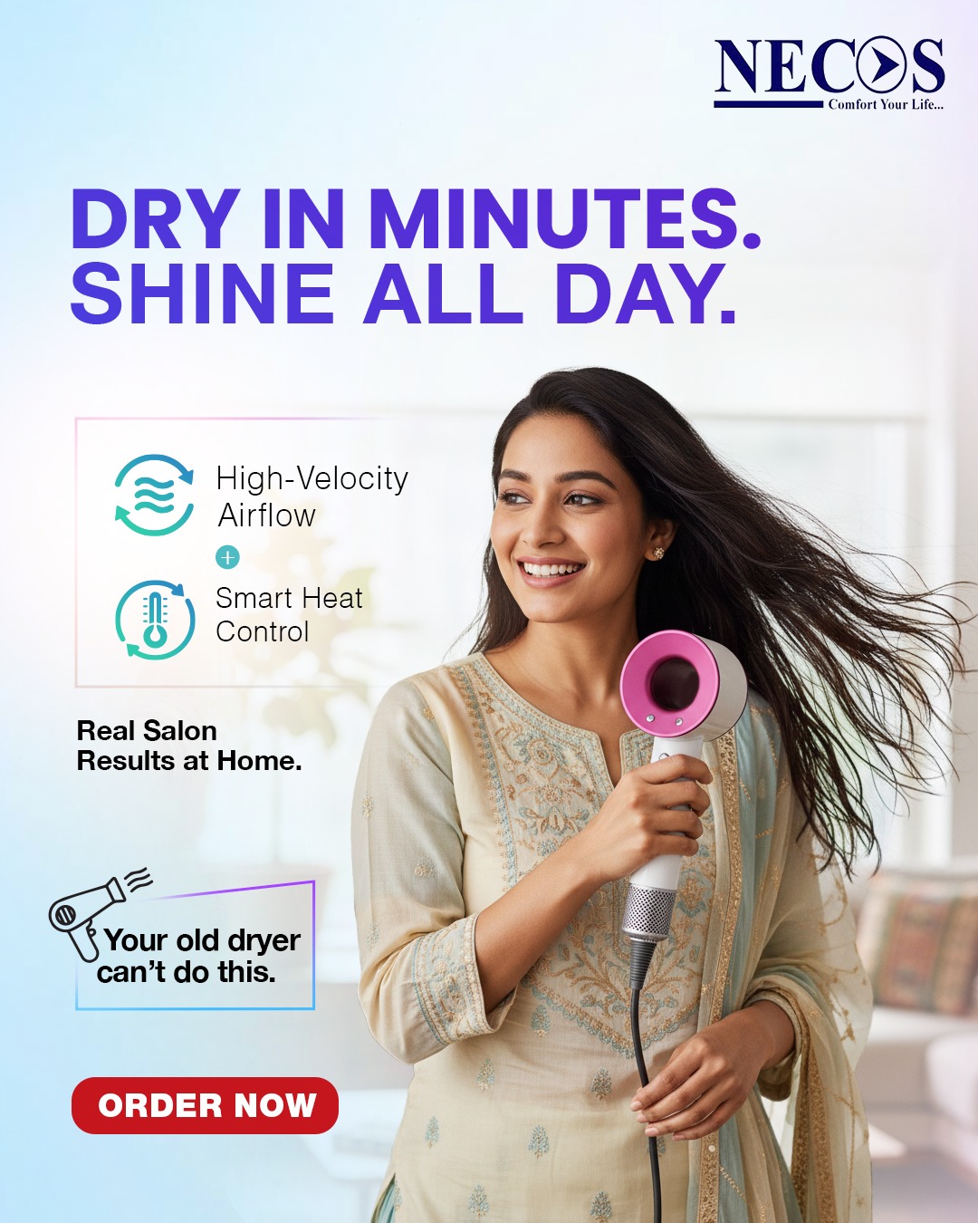 Necos Supersonic Leafless Ionic Hair Dryer Salon-Grade 1600W Power | Fast Drying | Hot & Cold Air | Professional & Home Use