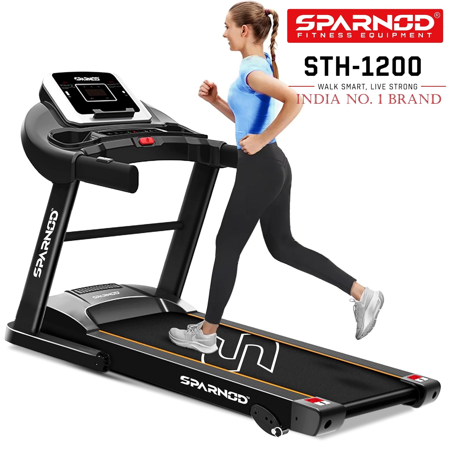 Sparnod Fitness STH-1200 Motorized Treadmill for Home Use, 4 HP Peak DC Motor, 12 km/hr Speed, 110 kg Max User Weight, 12 Preset Workouts, Manual Incline, Hi-Fi Speaker, Safety Key,Black