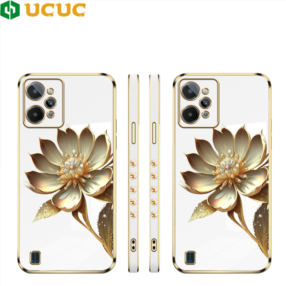 UCUC for Realme C31 Back Cover + Free Lanyard Gold Lotus Luxury 6D Plating Soft Silicone Phone Case