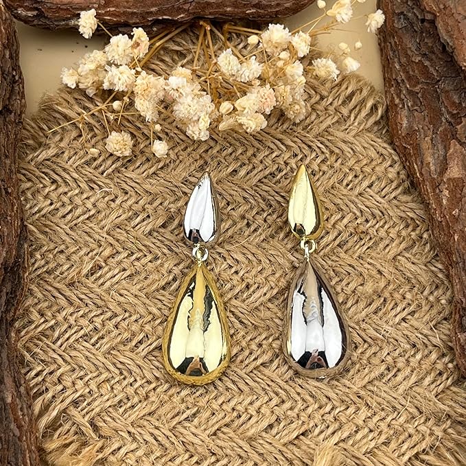 Elegant Two-Tone Waterdrop Dangle Earrings for Women | Gold & Silver Teardrop Drop Earrings | Minimalist Fashion Jewelry
