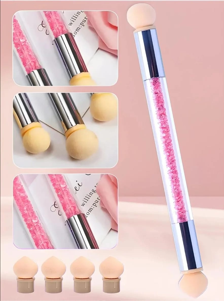 Washable Double-Ended Gradient Sponge Dotting Pen Nail Art Brush with 4 Replaceable Sponge Heads And Rhinestones Handle