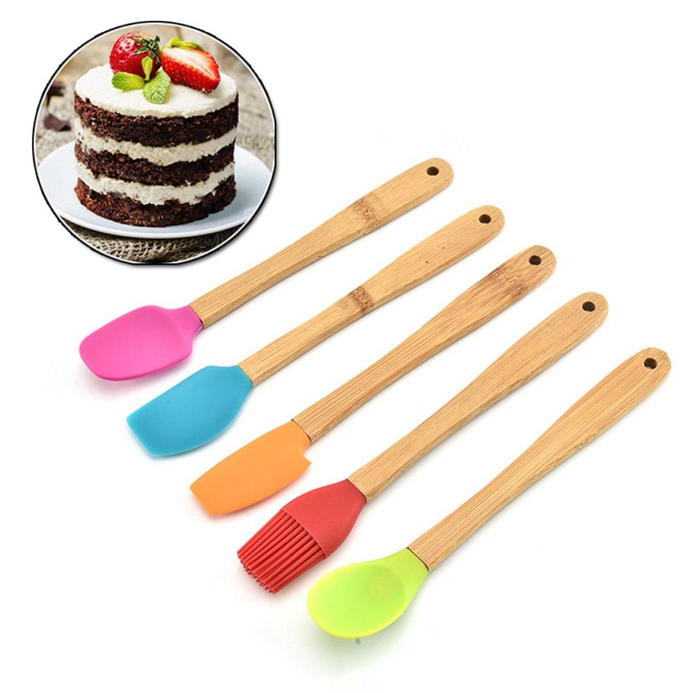 Bakeware Heat Resistant Wooden Handle Silicone Mini Non-stick Spatula Brush Cake Scraper Baking Tools