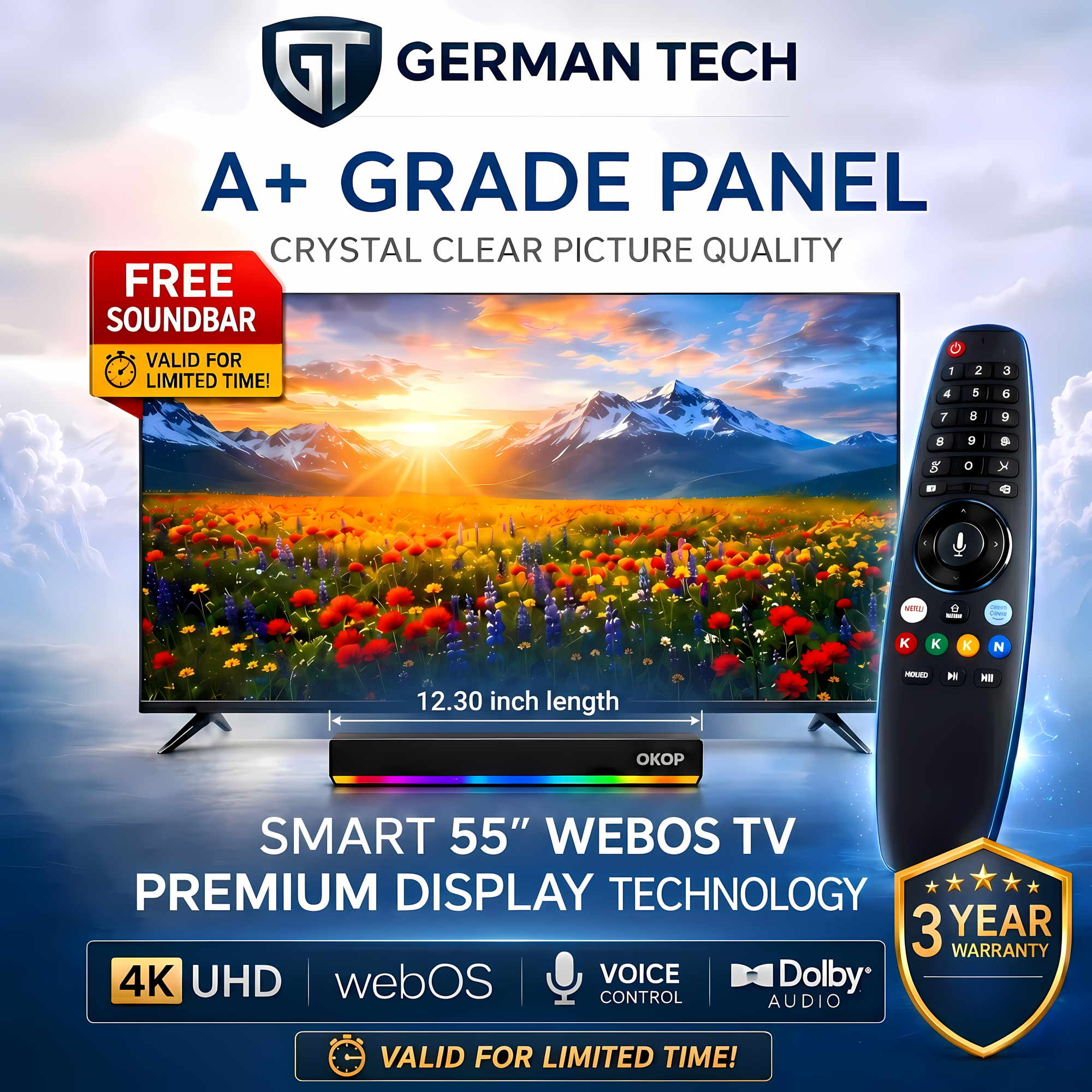 German Tech 55 Inch WebOS QLED 4k TV GT55DWB109UHD | 4K UHD WebOS QLED Television | High Contrast | Metal Back | Magic Remote & Voice Control | Bezel-less Design | Dolby Audio |Immersive Gaming Ps5 Xbox | Bluetooth & Wi-Fi | 3 Years Warranty | NovaHub