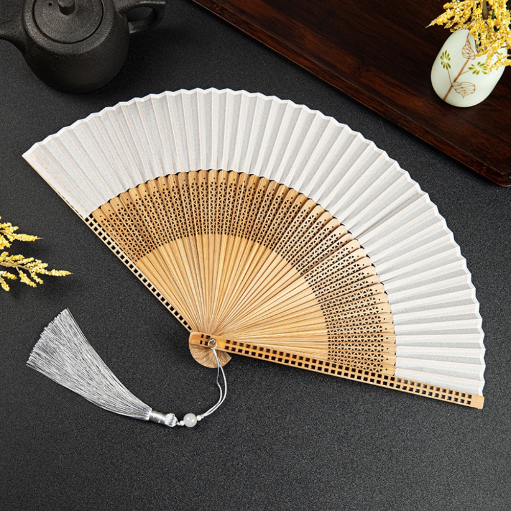 Antique Silk Fan Carved Handle Bamboo Folding Fan with Tassel Vintage Chinese Fan Handhold Dance Fan Photo Props