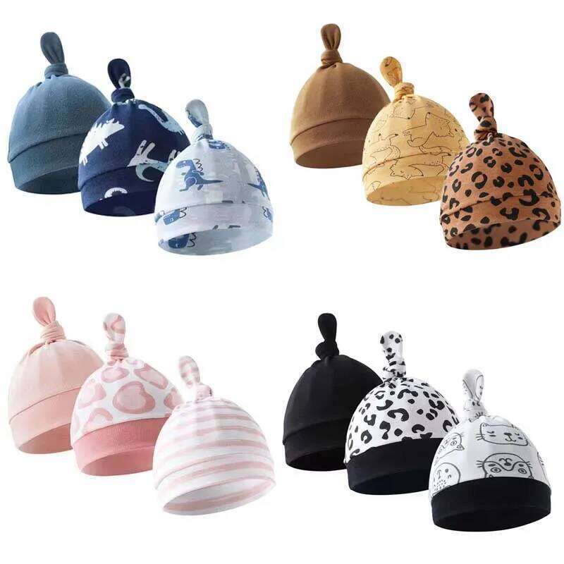 0-6M Newborn Baby Hat Cute Knotted Print Beanie Spring Autumn Infant Bonnet Cotton Soft Boys Hats Girls Shower Gift 3Pcs/lot