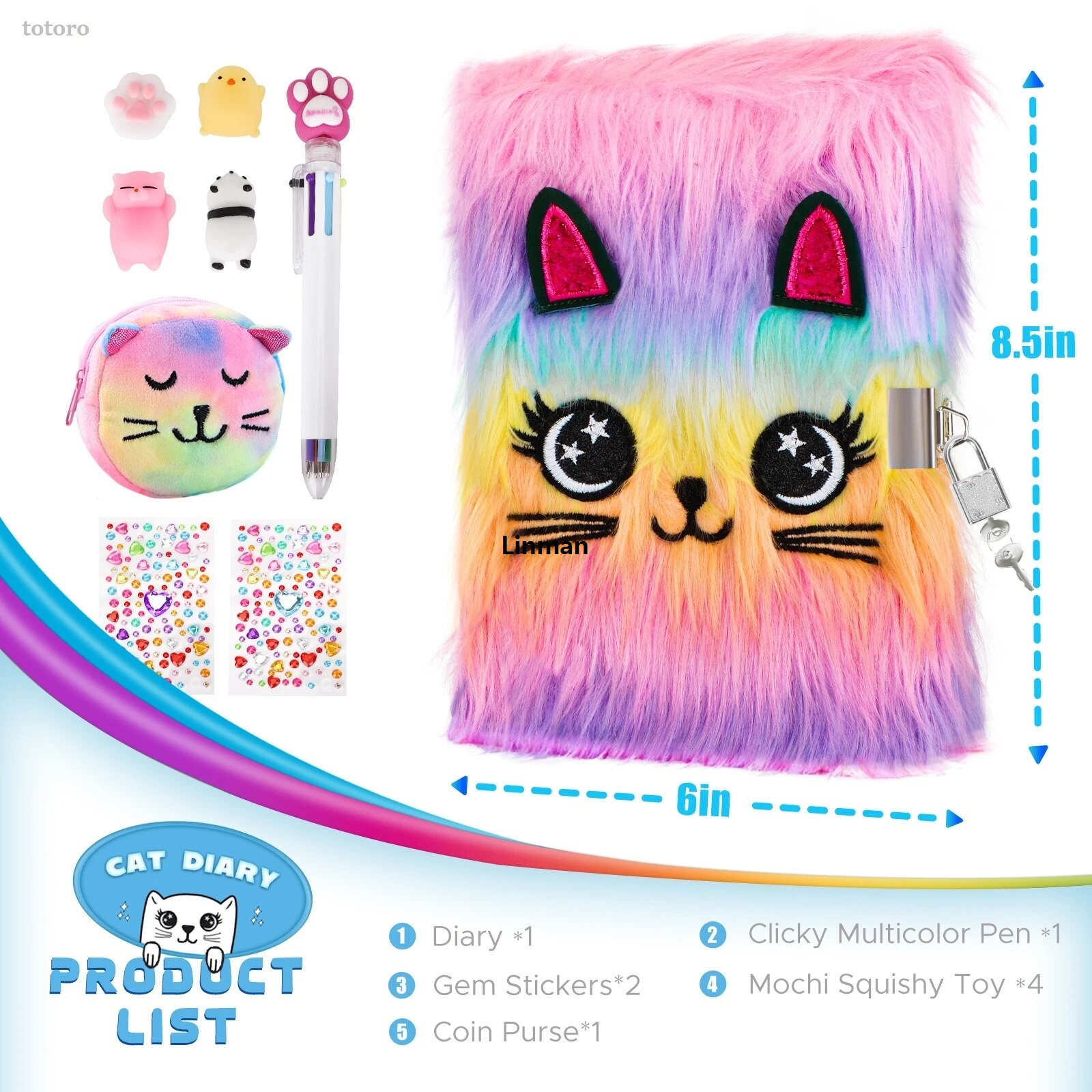 Linman totoro Small stationery sticky note book student school A5 big kids cute padlock book plush【2025 Version】 New style unicorn girl with dairy animal diary with lock secret notebook learning girl gift