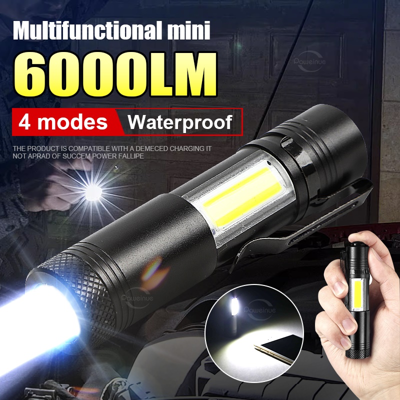 Portable COB LED Flashlight Rechargeable Work Light with Magnetic Lanterna Hanging Lamp with Built-in Battery Camping