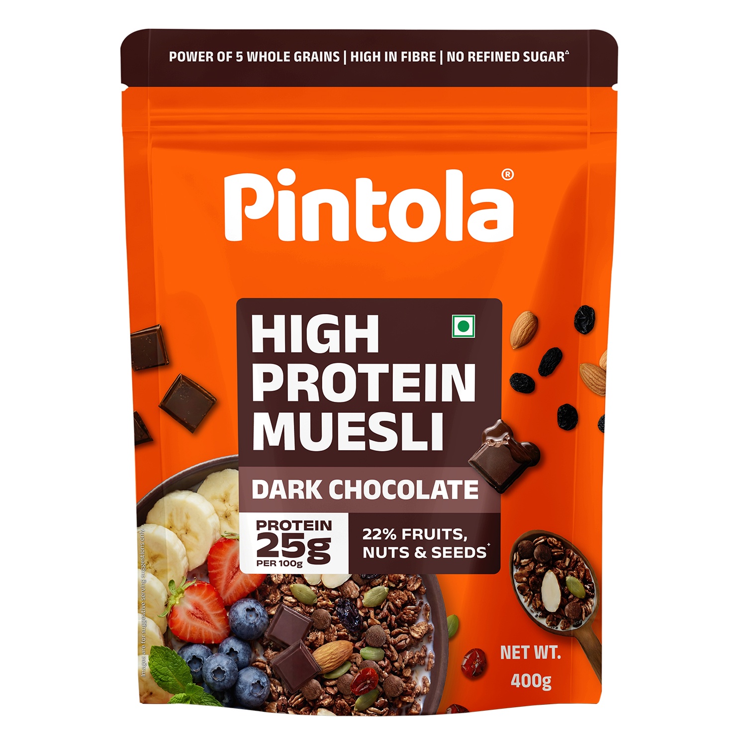 Pintola High Protein Muesli Dark Chocolate & Cranberry 400g, 25g Protein, High Fibre, Real Fruits, Muesli for Breakfast Food, Muselies Fruit Nuts and Seed