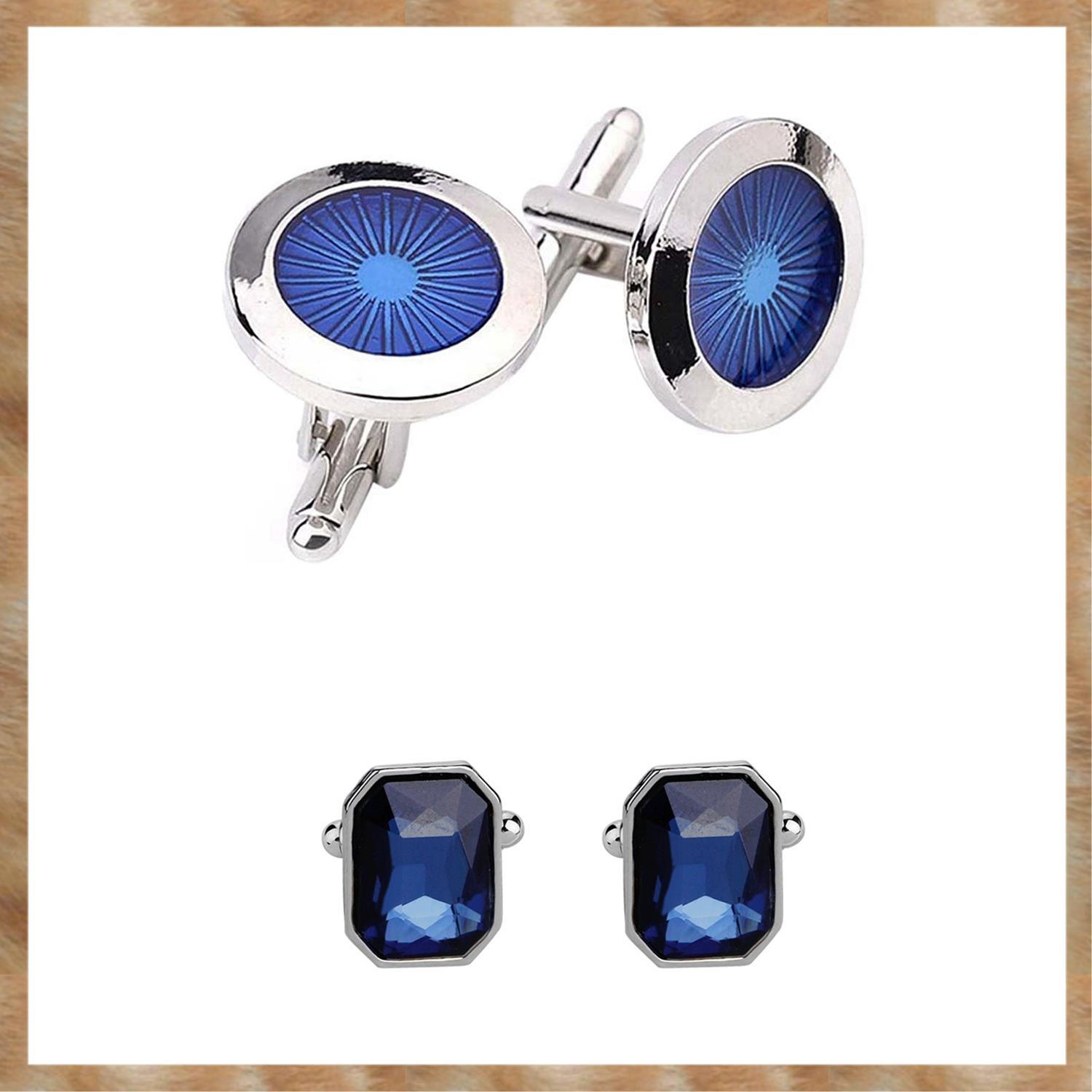 Kqueebee 1 Pair Fashion Men's Cufflinks Fashion Round Eyes Shirt Cufflinks Cuff Links Mens (Silver+Blue) & 1 Pair Fashion Diamond Colorful Glass Cufflinks Cuff Links Women Mens (Blue)