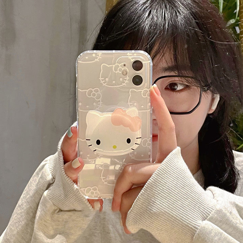 Wenefang iPhone 15 14 13 11 12 Pro Max Mini XS XR 7 8 Plus SE2 शकप्रूफ पारदर्शी कभर Y2K को लागि 3D स्ट्यान्ड केसको साथ Sanrio Hello Kitty