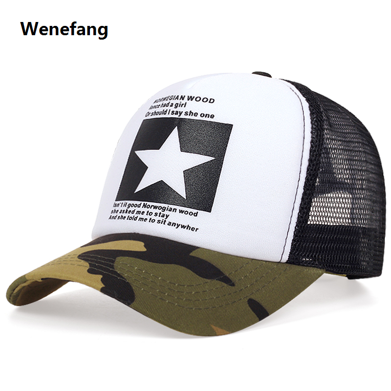 Wenefang New Fashion Five Pointed Star Pattern Printed Trendy Men's and Women's Luxury Universal Hip Hop Mesh Breathable Baseball Hat Truck Caps