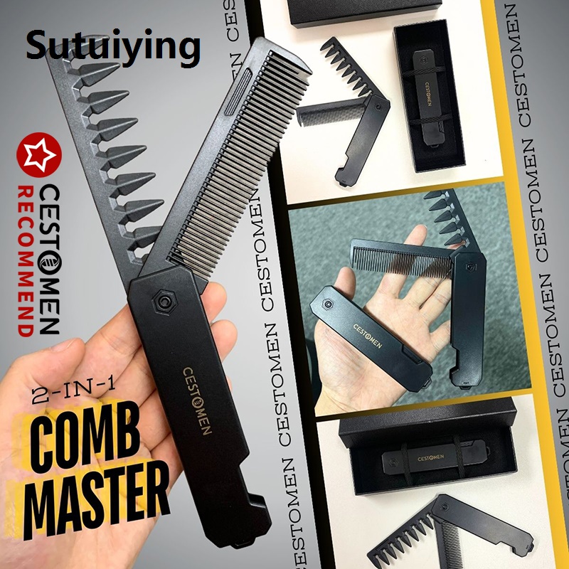 Sutuiying Men’s Styling Comb - Metal Folding Comb with Stainless Steel Handle, Portable Fine-Tooth Plastic Hair Beard Comb for Vintage Oil Head