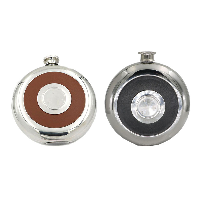OYPFXMI 2 Pcs Round Stainless Steel Pocket Flask with Build-In Glass 5Oz Hip Flask Mirror Polished Mini Alcohol Bottles, Black & Brown