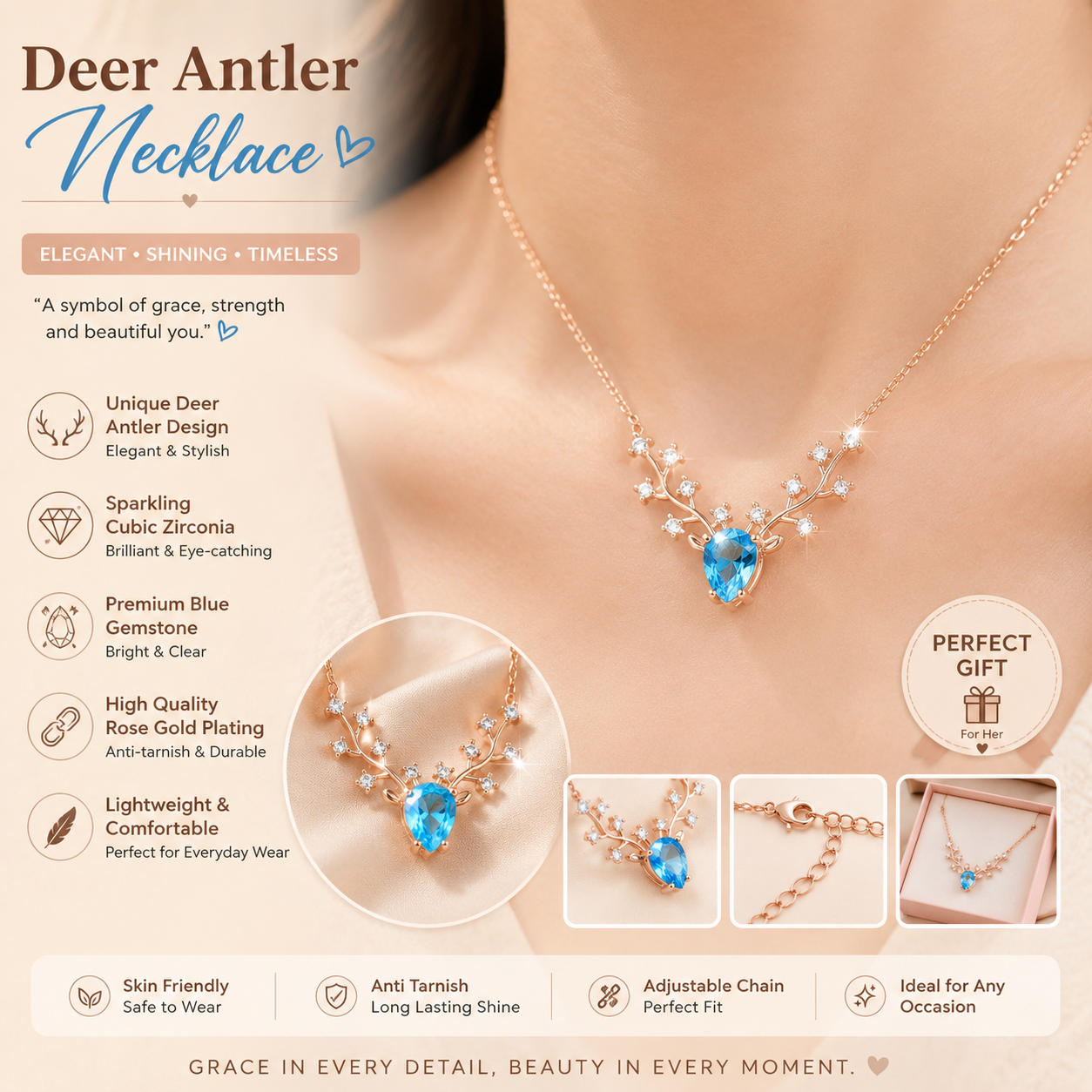 Deer Antler Necklace for Women with Blue Crystal Pendant | Rose Gold Adjustable Chain | Elegant Gift Jewelry for Girls - 1 Piece