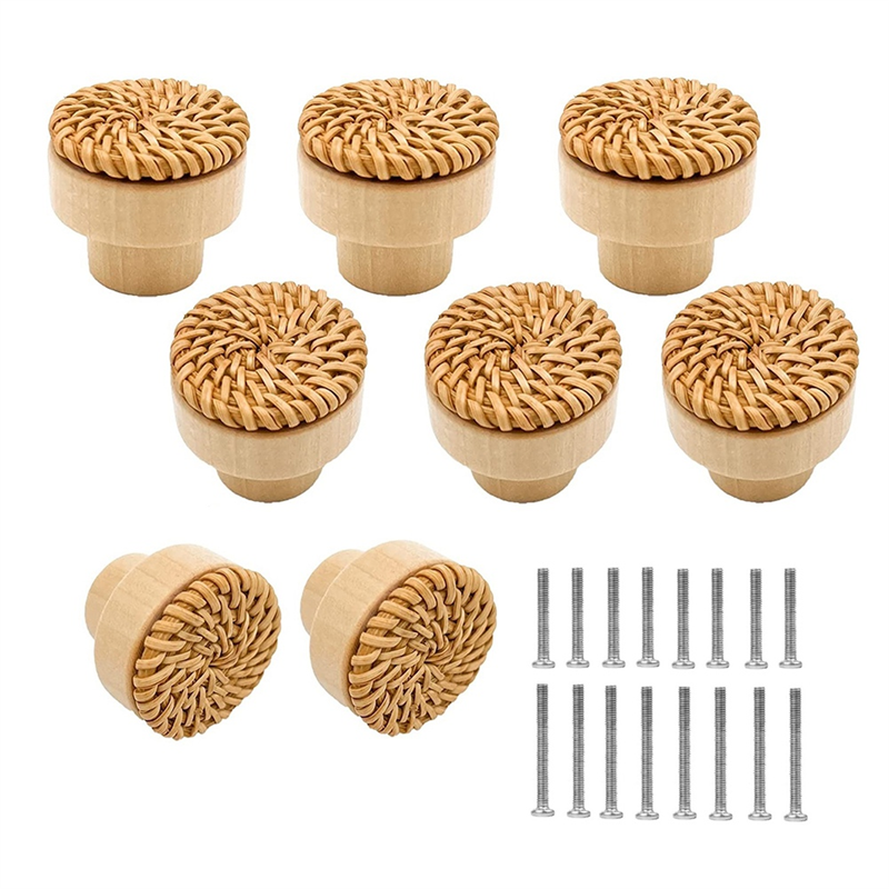NAMUNY 8 Pack Boho Rattan Knobs for Dresser Drawers Wood Cabinet Knobs for Wicker Decor Boho Rattan Drawer Pulls (Natural)