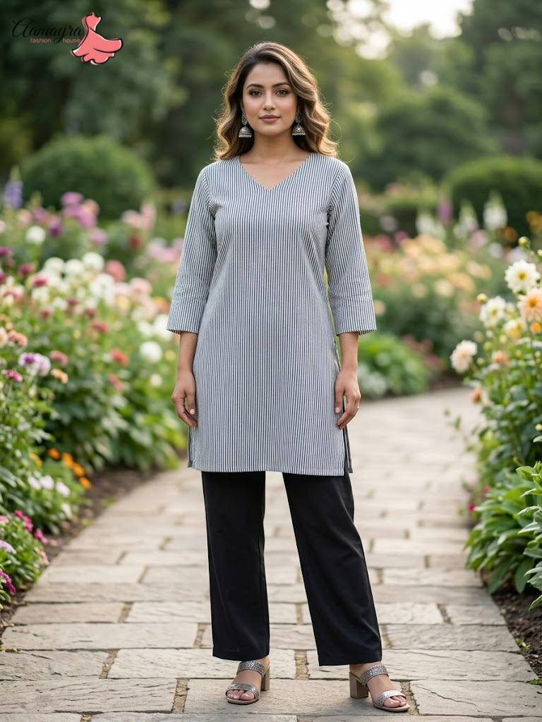 Aamayra Fashion House Black and White Coloured Lining Printed Short Kurti For Women