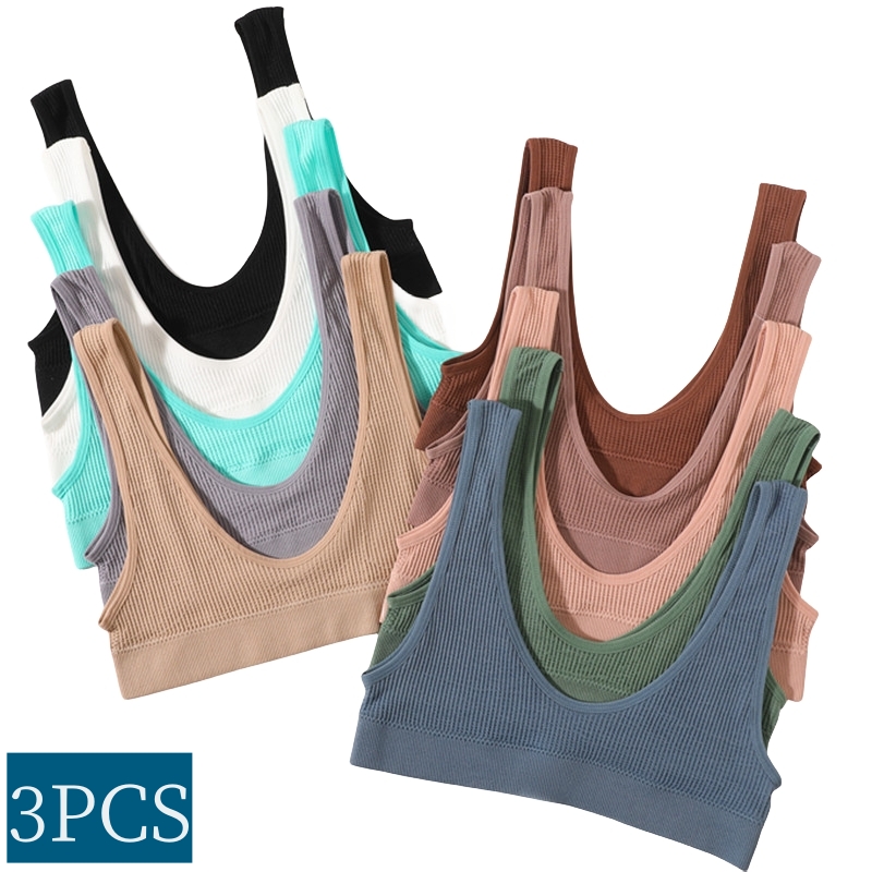 3Pcs/Set Seamless Push Up Sports Bra Tops for Women Deep-U Shape Ribbed Lingerie Female Underwear Brassiere Intimates