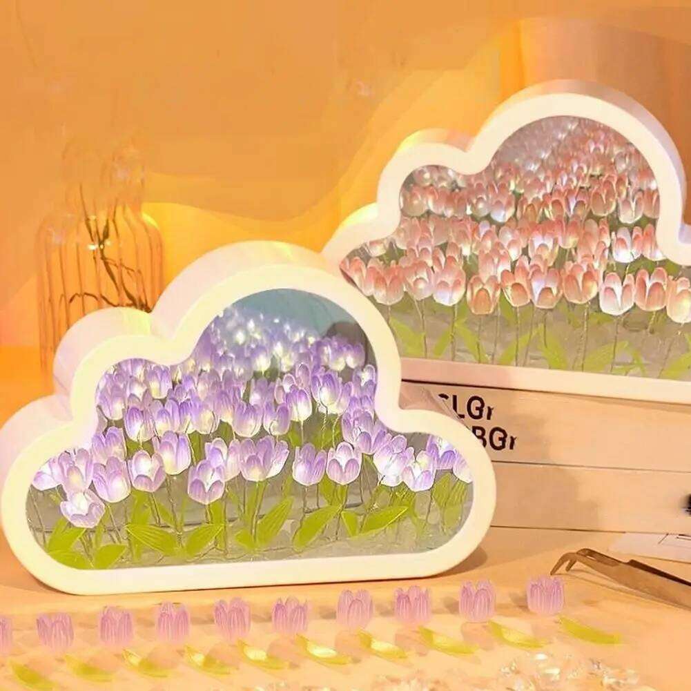 DIY Cloud Mirror Tulip Lamp Night Girl Bedroom Ornaments Photo Frame Handmade Glass Bedside Sleep Light Christmas Gifts