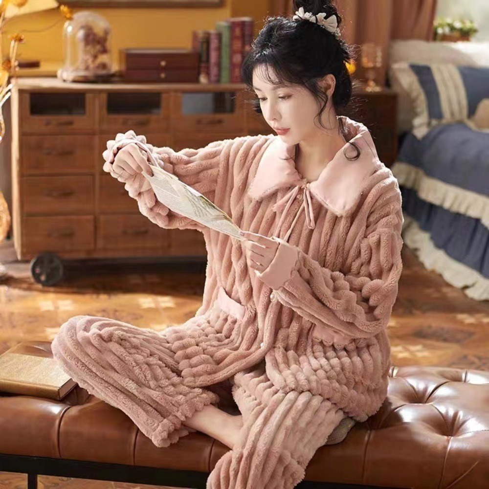 Sweet Stripe Fleece Pajamas Set Velvet Warm Flannel Sleepwear Women Nightwear Homewear Suit Girls