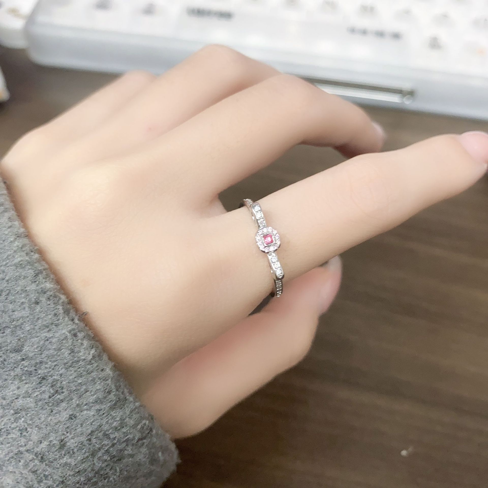 S925 silver powder diamond ring square pink romantic sweet couple ring female versatile love niche design for girlfriend