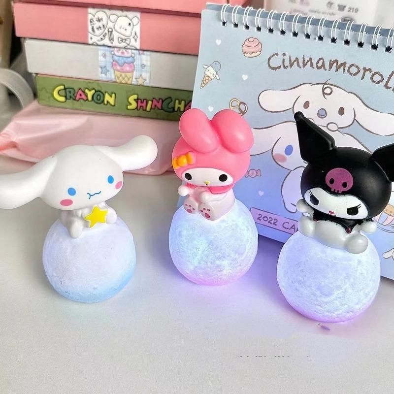 Kawaii 3D Sanrio Moon Night Light Cinnamoroll Kuromi Melody Figure Cartoon LED Light Cute Beauty Bedroom Ornament Bedside Lamp