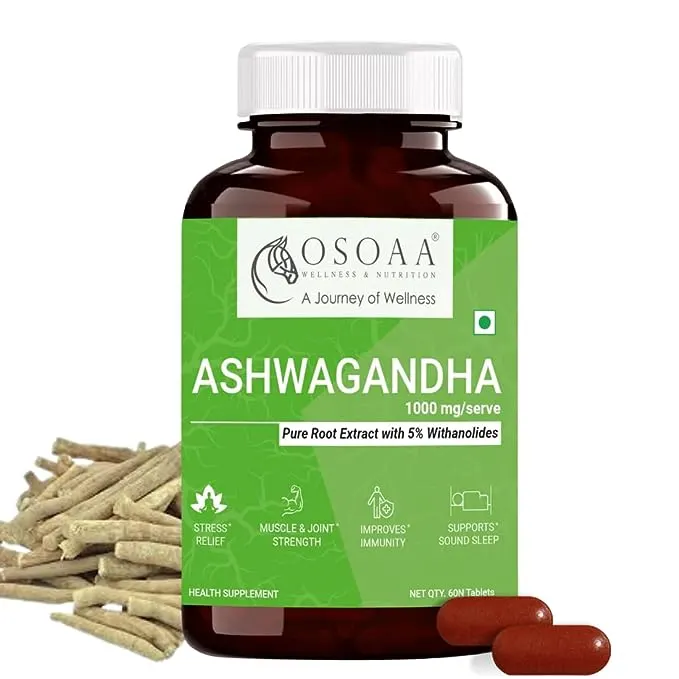 OSOAA Ashwagandha 100% Ayurvedic Root Extract With 5% Withanolides 1000MG, 60 Capsules