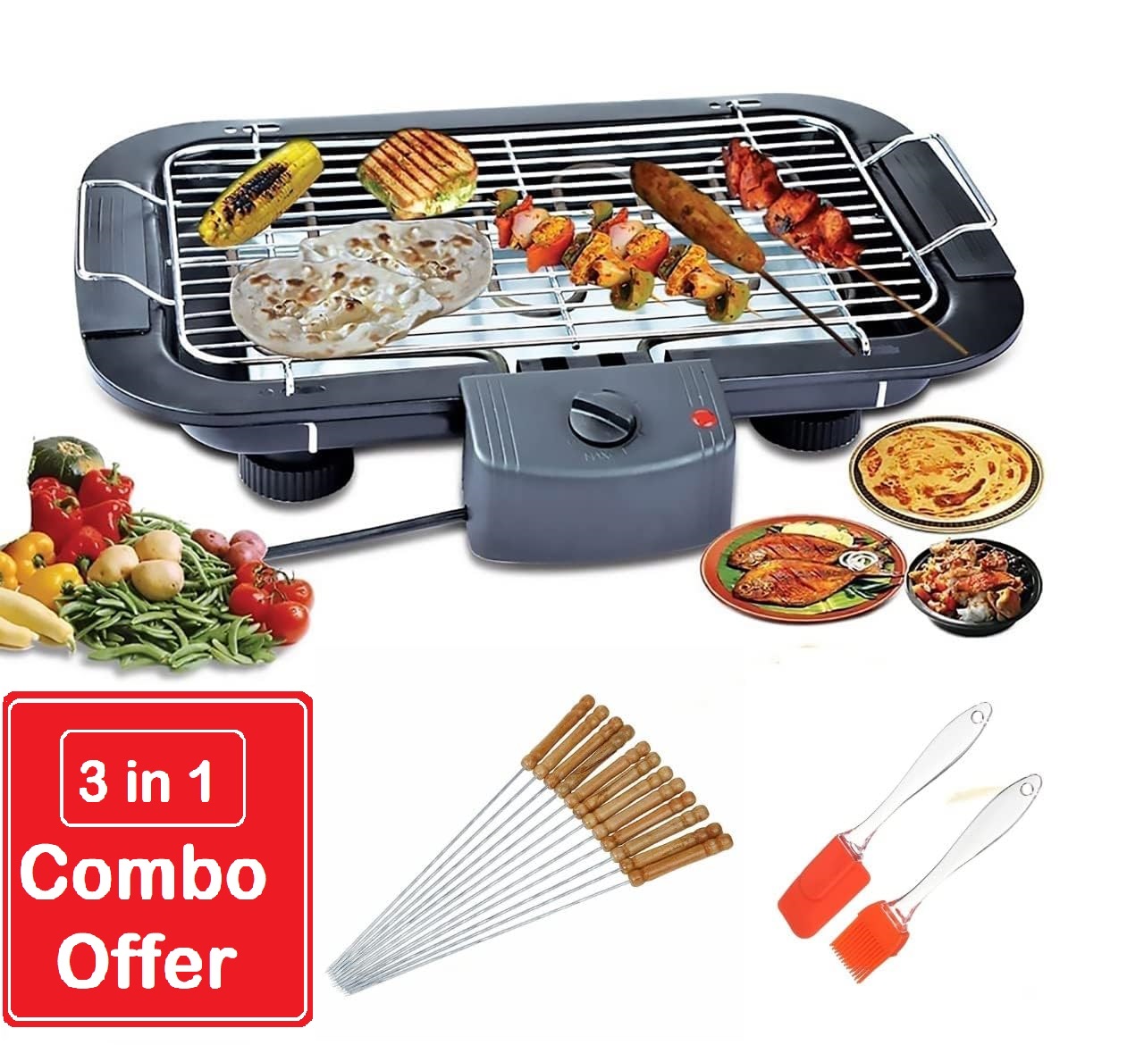 2000w Electric BBQ Smokeless Grill Adjustable Portable Temperature Barbeque Control With 12 Skewers And 1 Silicon Oil Brush & Spatula Home Hotel Restaurant Indoor Outdoor