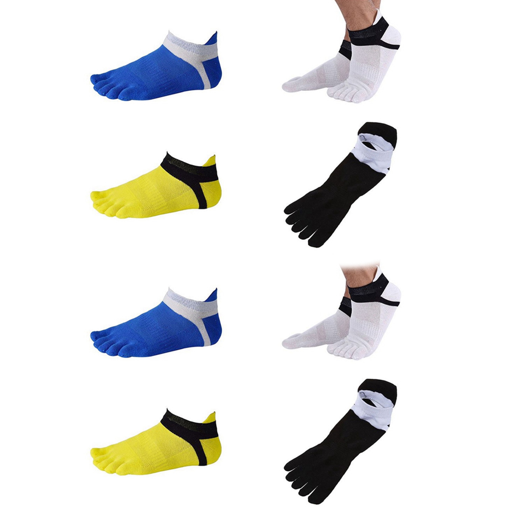 FORIDE 8 Pair Toe Socks No Show Five Finger Socks Cotton Athletic Running White+Yellow+Blue+Black