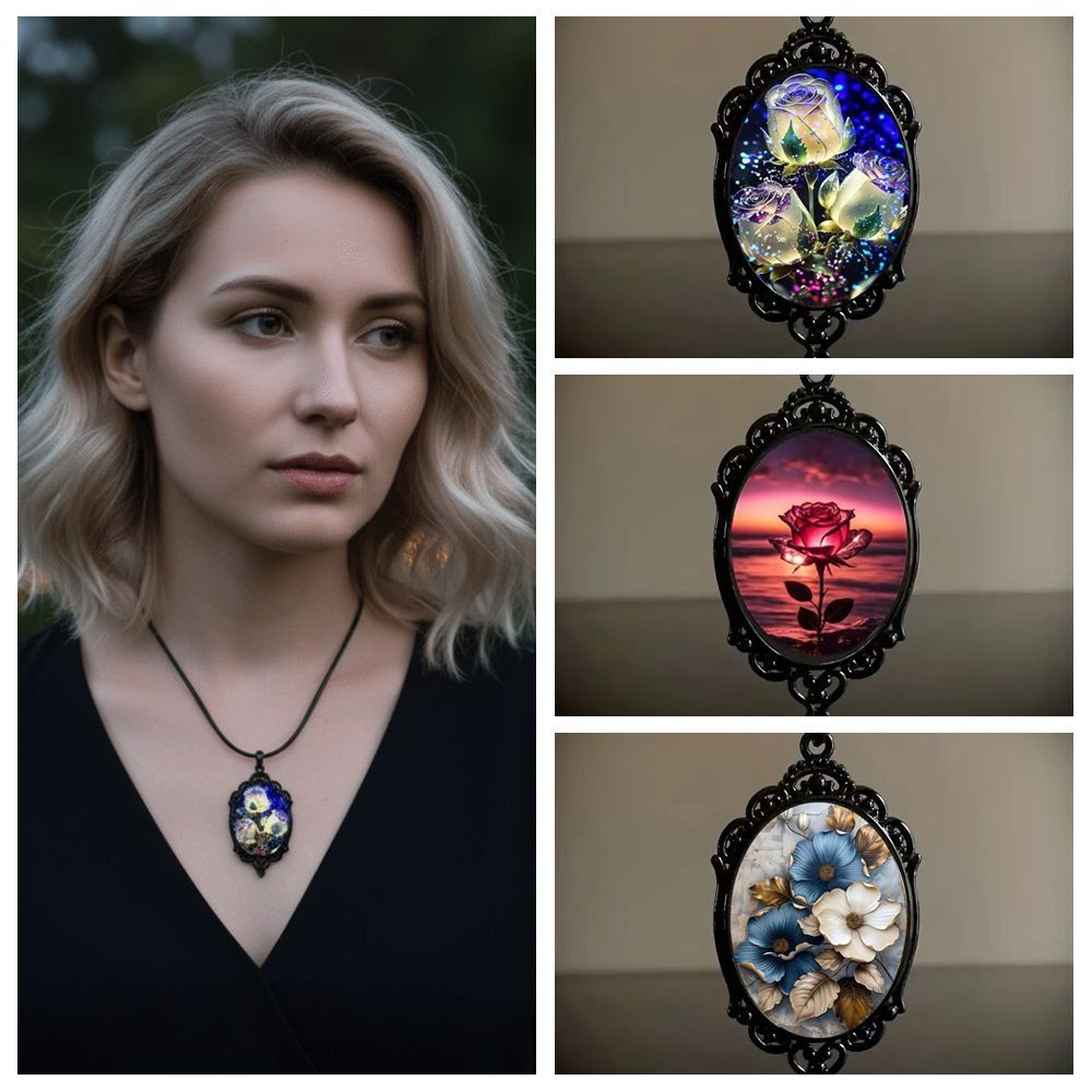 New Vintage Gothic Glass Pendant Necklace Rose Flower Pattern Jewelry Accessories Charm Necklace Charming Necklace