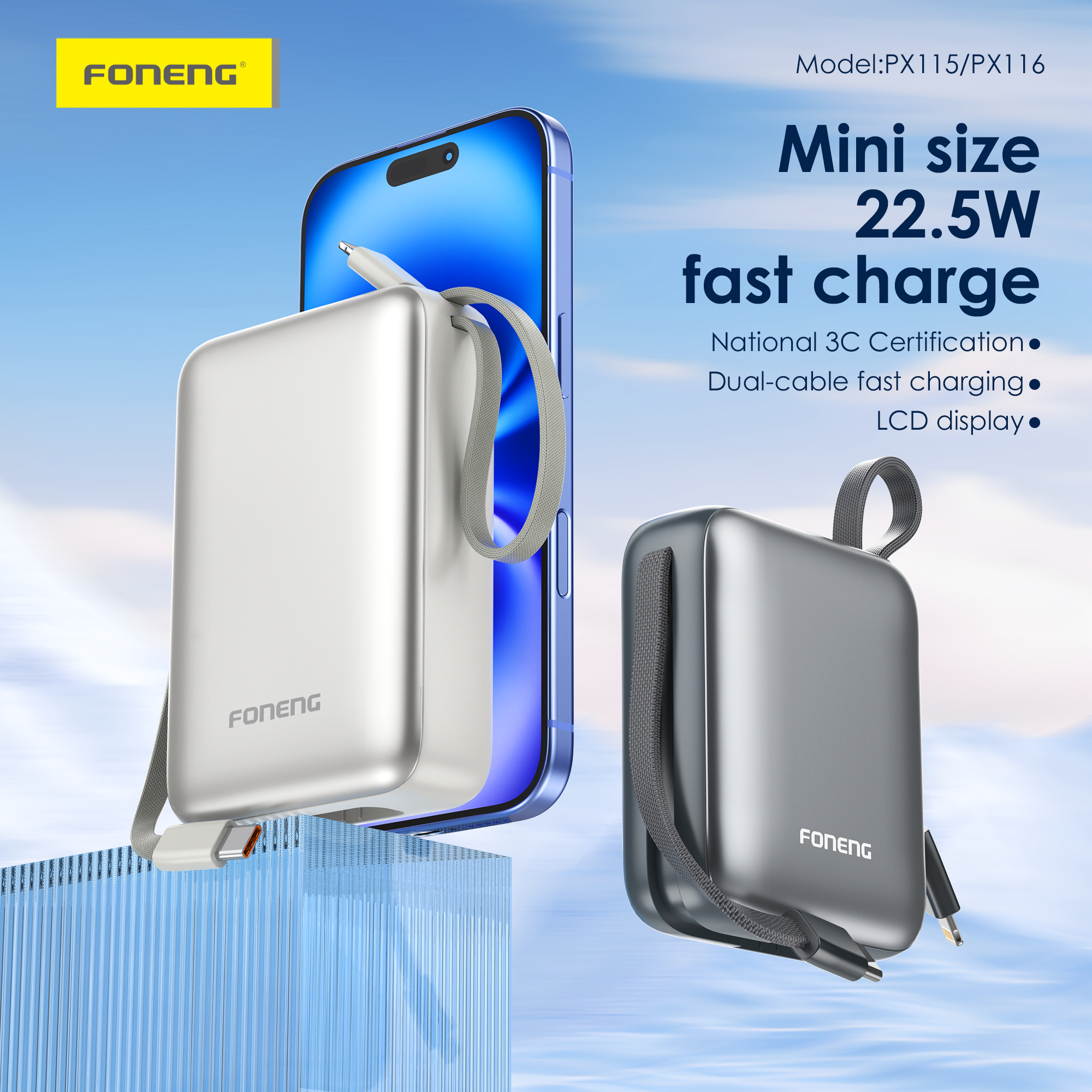 Foneng 20000mah powerbank | Mini Power bank | 2 Built in Cable | 22.5Watt Fast Charging | Multiple charging | 3C Certified powerbank | PD charging | QC | Polymer battery | Slim pocket friendly | 1 year warranty | White & Dark Gray | PX116|