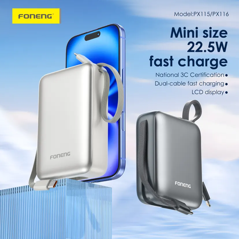 Foneng 20000mah powerbank | Mini Power bank | 2 Built in Cable | 22.5Watt Fast Charging | Multiple charging | 3C Certified powerbank | PD charging | QC | Polymer battery | Slim pocket friendly | 1 year warranty | White & Dark Gray | PX116|
