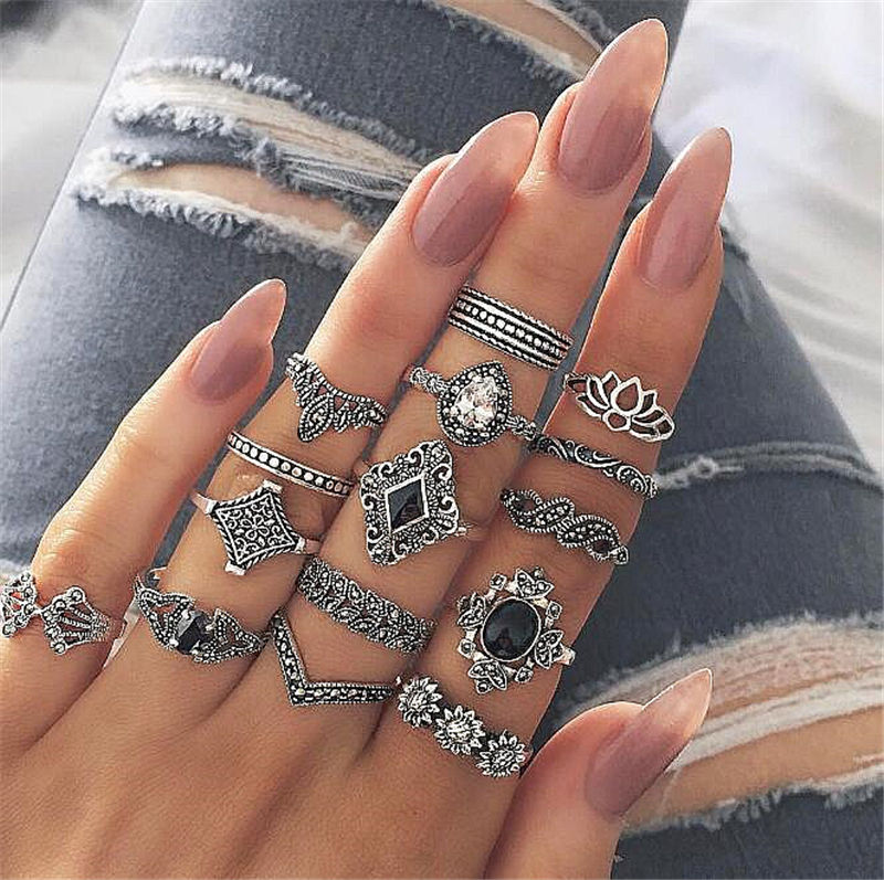 Silver & Gold Vintage Carved Rings Set for Women - 15-22 Pcs with Lotus Flower and Black Gemstones One size
