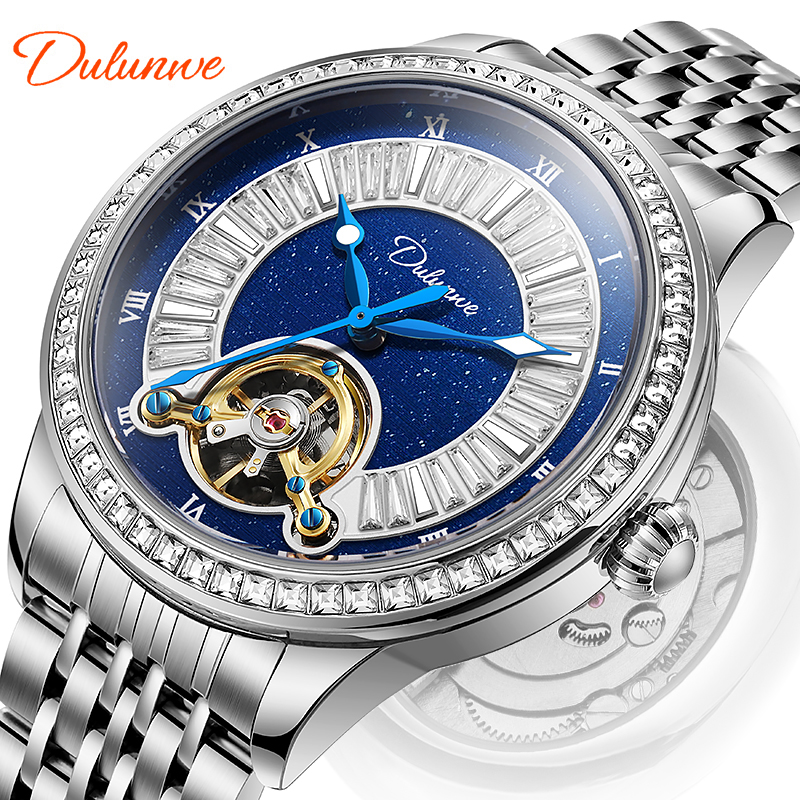 Dulunwe brand fashionable business luxury night light waterproof moon phase self mechanical men's watch