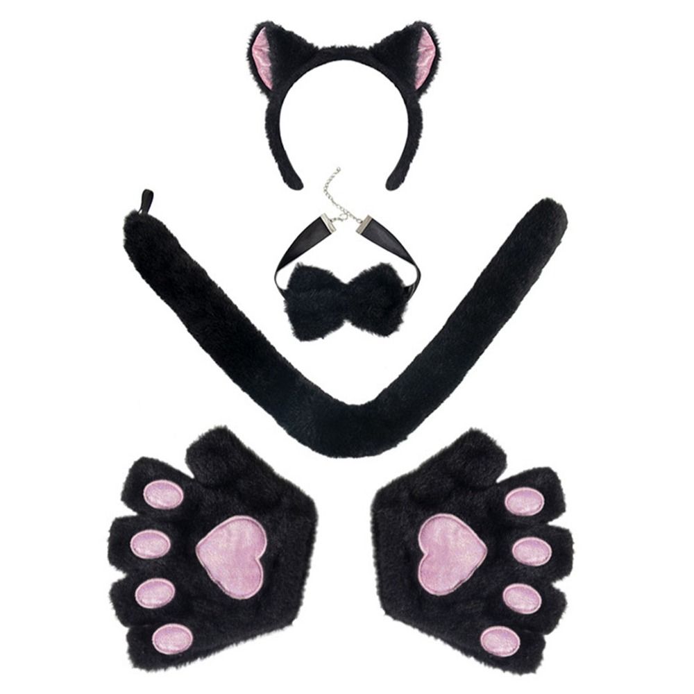 Novelty Halloween Cosplay Cat Ears and Tail Set Holiday Masquerade Animal Headband Paw Gloves Tail Bow Tie Dress-up Accessories for Adults