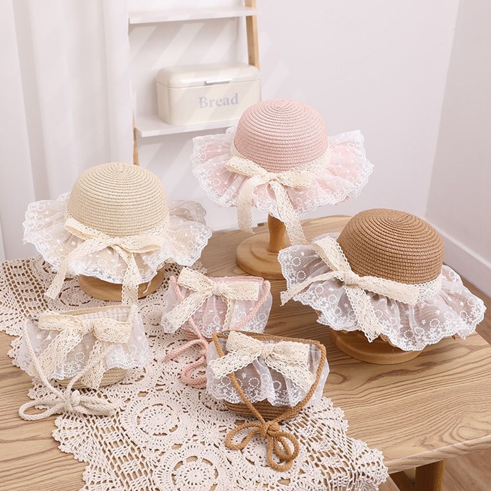 New Straw Straw Hat Wide Brim Bowknot Beach Sun Hats Fashion Lace Straw Shoulder Bag Beach