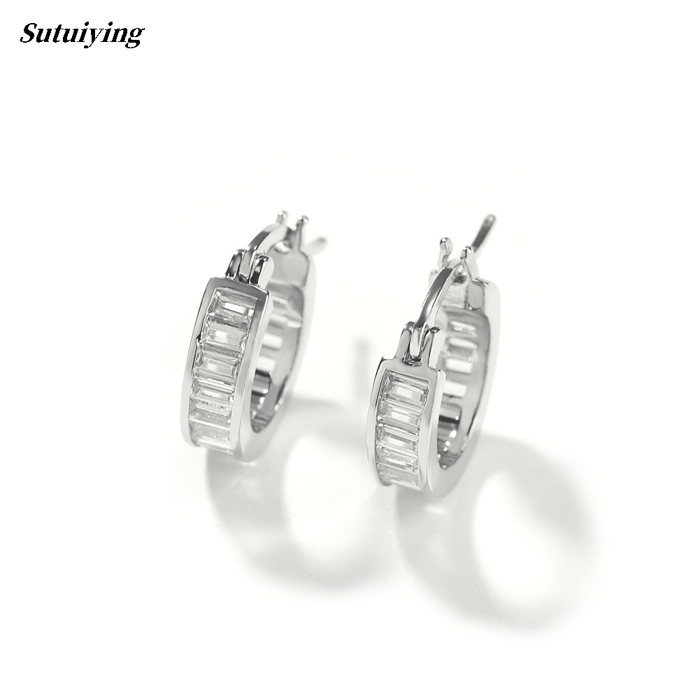 Sutuiying European and American New Fashion New Earrings Hip Hop T Square Row Zirconium Hoop Zircon Earrings for Men Special-Interest Design Ear Rings