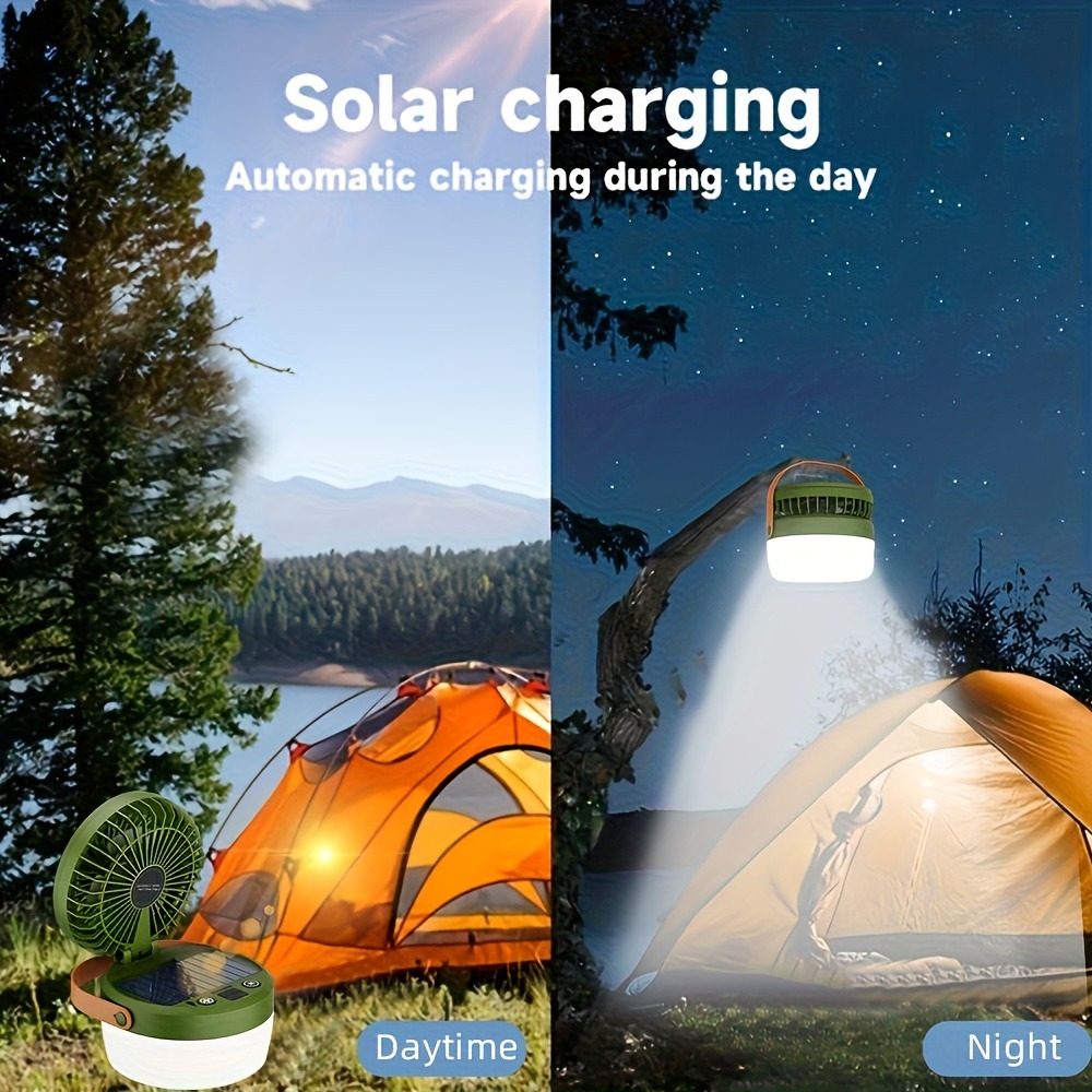 Durable Rechargeable/Solar Portable Folding Fan Light Compact Multi Functional Cooling Fan with Light 2-in- Waterproof Tent Hanging Lantern for Camping