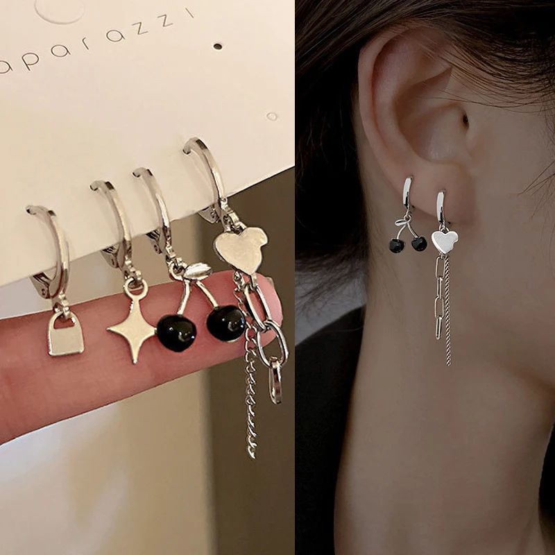 Love Heart Cherry Drop Dangle Earrings Set Silver Color Elegant Set Of Earrings Trend Girls Earring