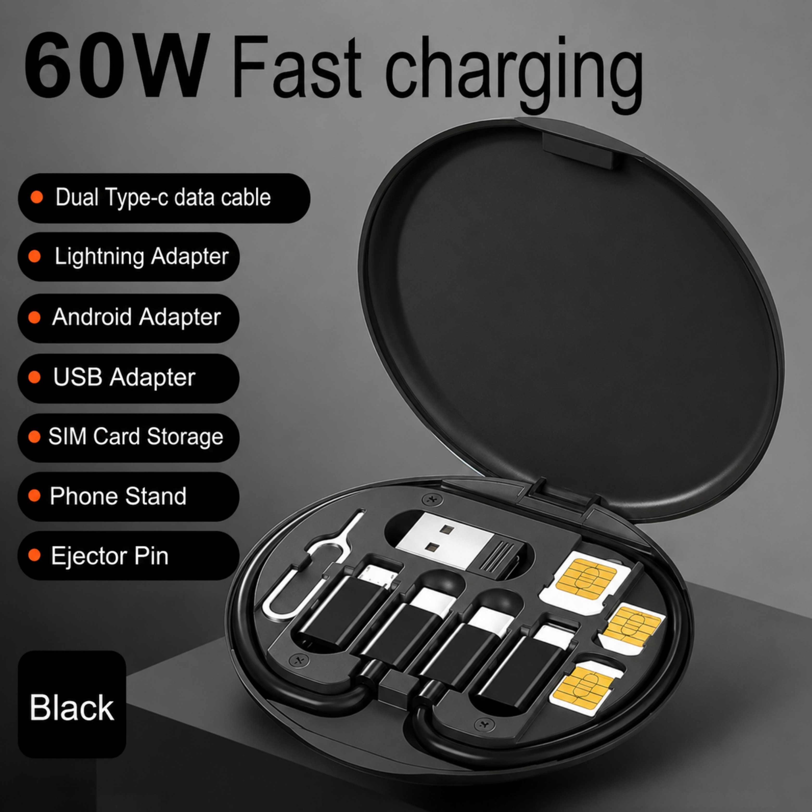 High-Performance - 60W Fast Charging Cable Type-C Mobile Phone Data Cable USB Charger Set Storage Box