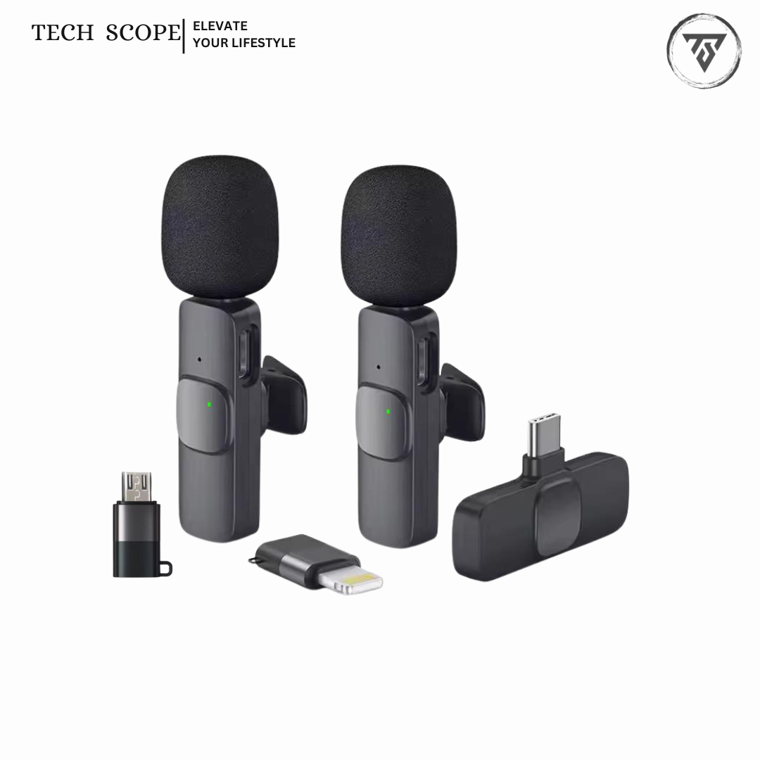 K9 Wireless Microphone with Dual Mic & Type-C, Micro, Lightning Connectors