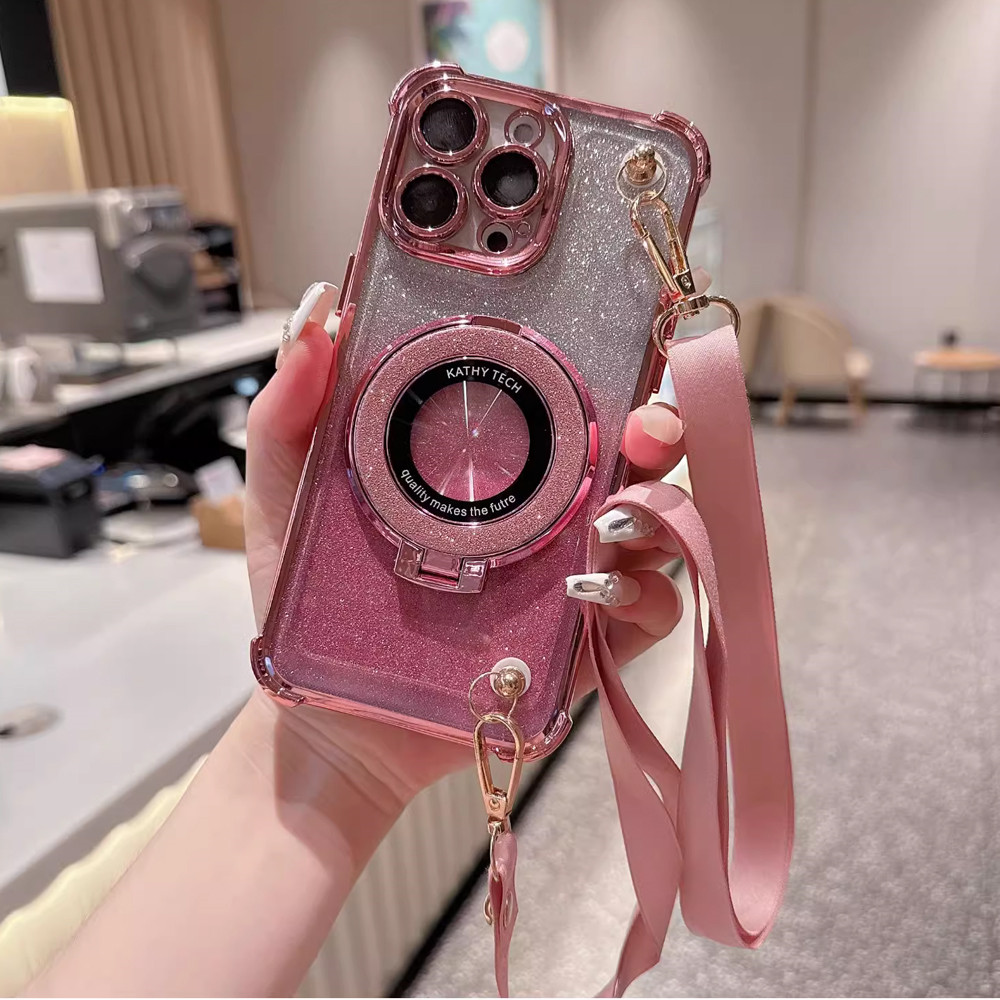 Shockproof Glitter Lanyard Case For Samsung Galaxy S24 S23 S22 S21 S20 FE Note 20 Ultra Plus Plating Phone Holder Bracket Cover