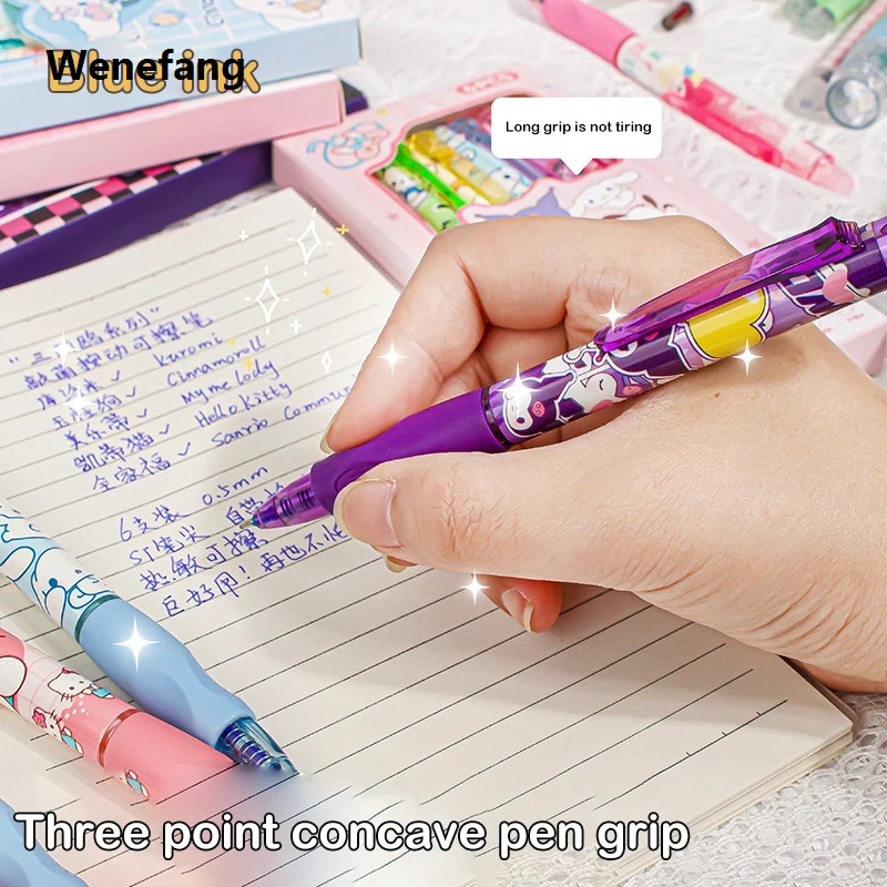 Wenefang 6pcs Sanrio Hello Kitty Erasable Gel Pen Cute Cartoon Kuromi Pachacco New Cinnamoroll Blue Ink Writing Pen Learning Stationery Gifts
