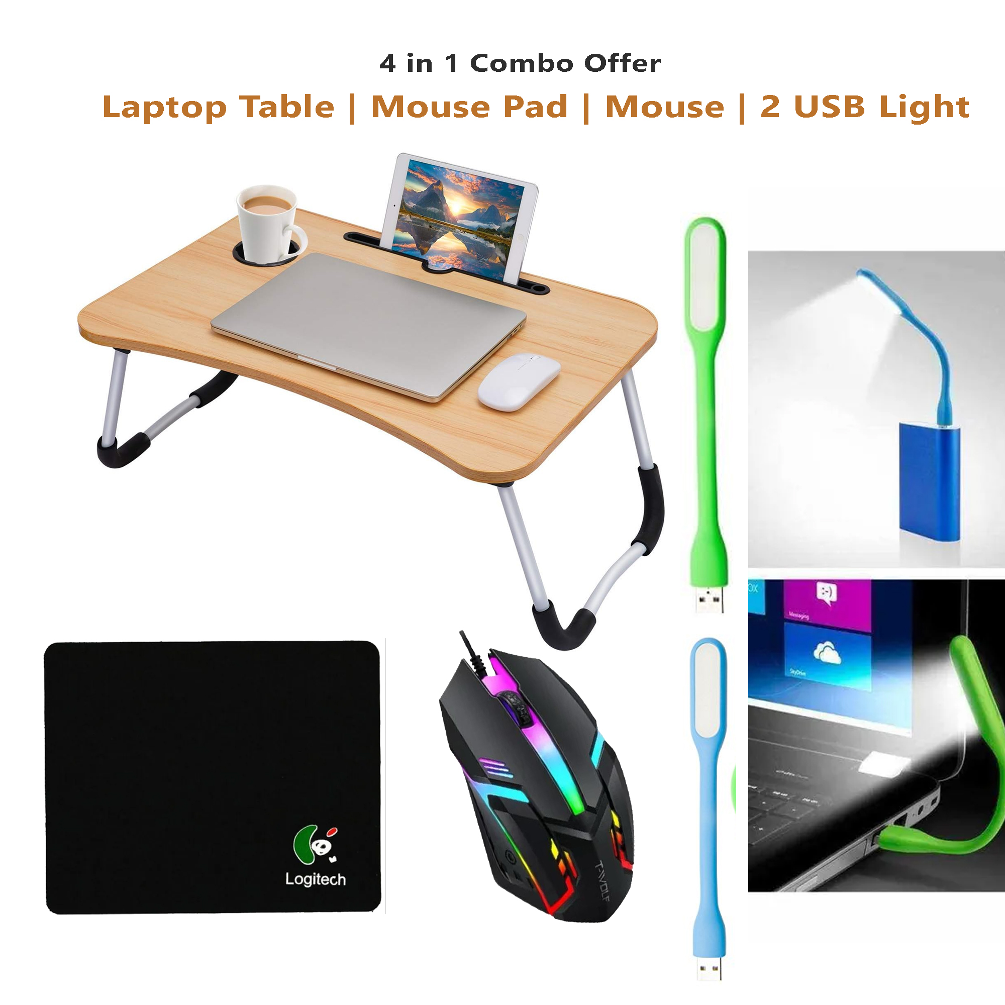 4 in 1 Combo: Foldable Laptop Desk, RGB Gaming Mouse, Mouse Pad & USB LED Light || Study Table | Laptop Table | Work Table