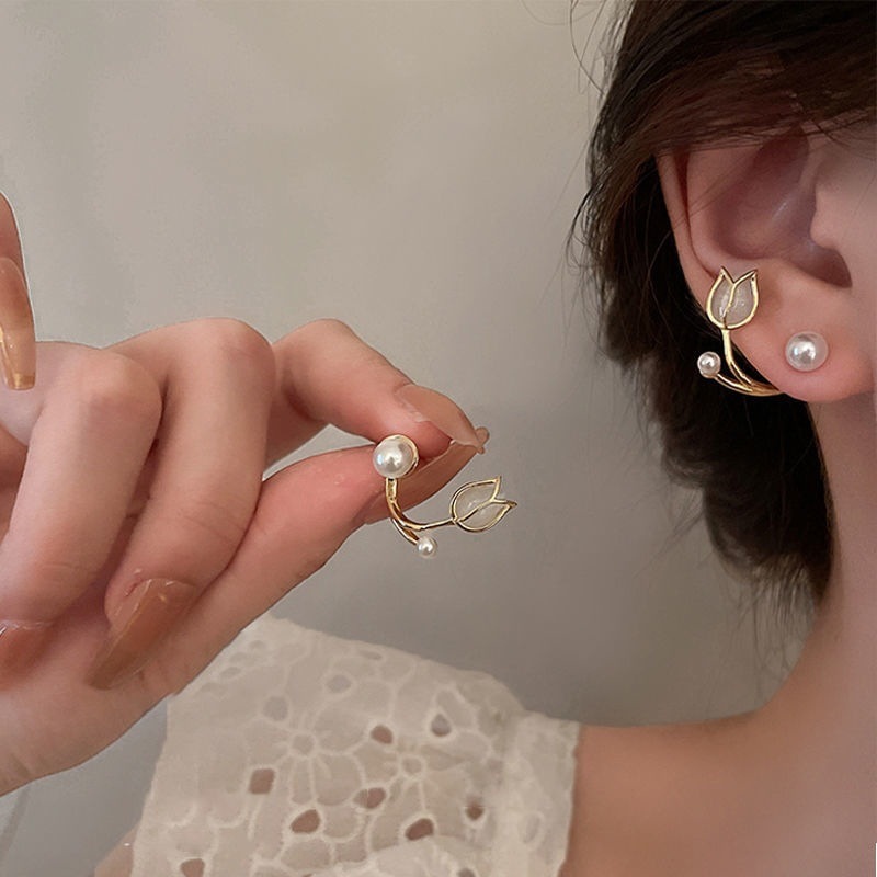 【New Arrivals】Summer 925 Silver Pin Cat's Eye Tulip Earrings Women's Rear Hanging Design Ear Studs Pearl Flower Earrings