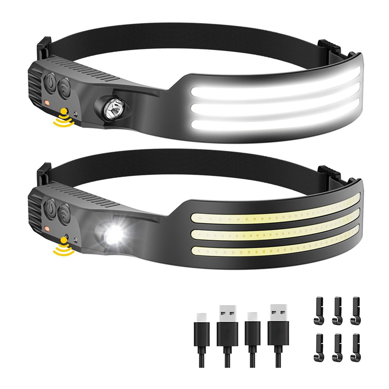 2PCS Motion Sensor Rechargeable Headlamp 230° COB Head Lamp for Hiking Running for Work Camping Gear