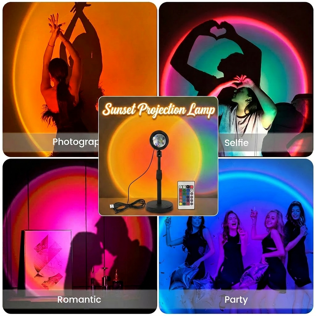 Prime Picks Premium USB Rechargeable Sunset Projection Lamp with Remote | 16 Color LED Sunset Projector Light | RGB Night Light for Bedroom, Photography, TikTok, Gaming Room, Party, Home Decor & Romantic Ambient Lighting