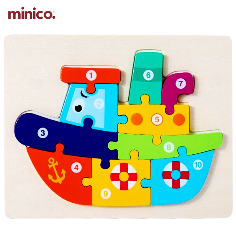 Minico Wooden Ship Shaped Puzzle for Kids (1-10 Numbers) | Colorful Montessori Educational Toy for Baby & Toddler | Early Learning & Cognitive Development